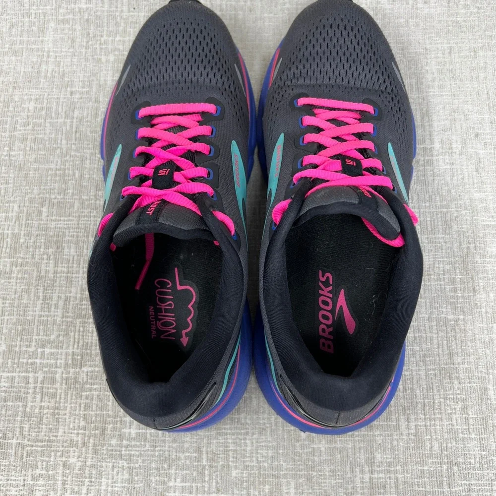 Brooks Ghost 15 Running Shoes Women 9.5 Black Blue Pink Athletic Sneakers Gym